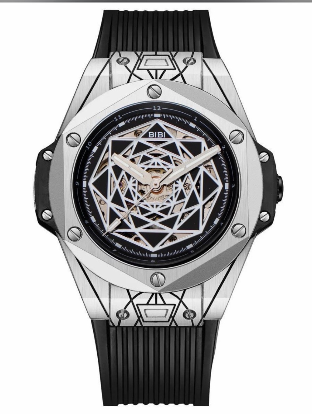 BiBi Silver Geometric Dial Smartwatch with Black Strap